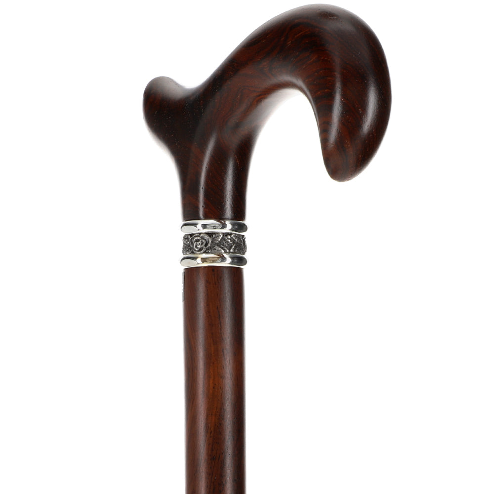 Scratch & Dent Derby Walking Cane With Exotic Cocobolo Wood Shaft and Pewter Rose Collar V1393 For Sale Finishline