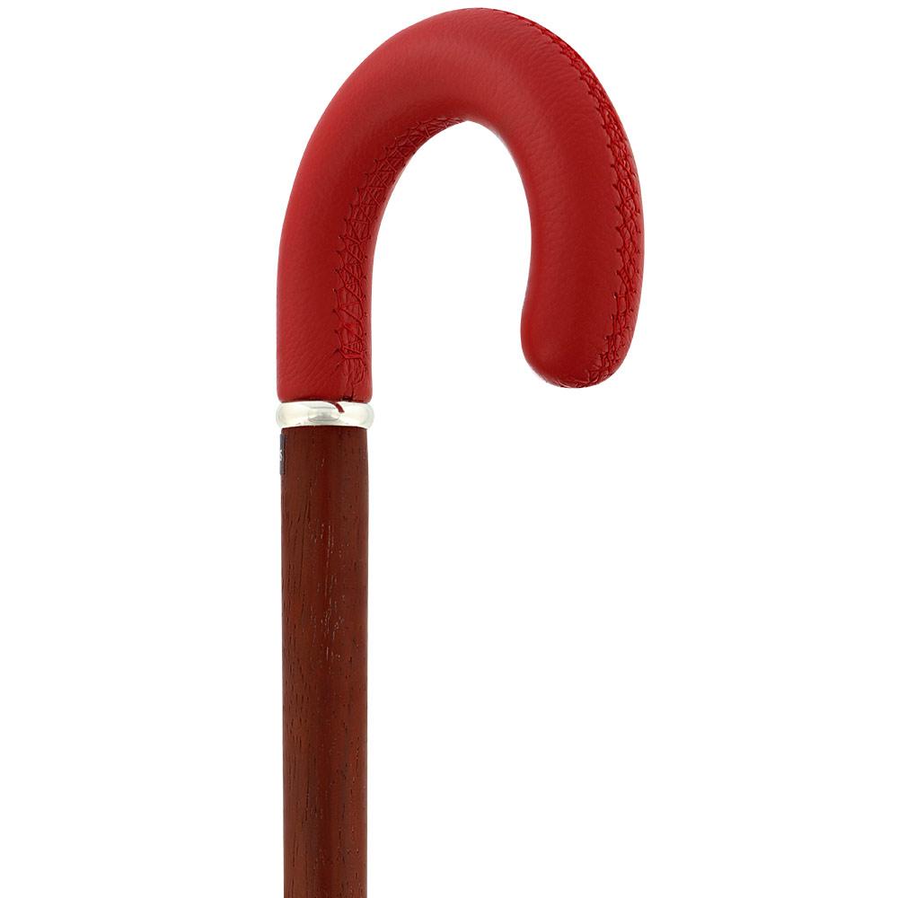 Scratch and Dent Burgundy Leather Tourist Walking Cane With Padauk Wood Shaft and Silver Collar V1579 Discount For Nice