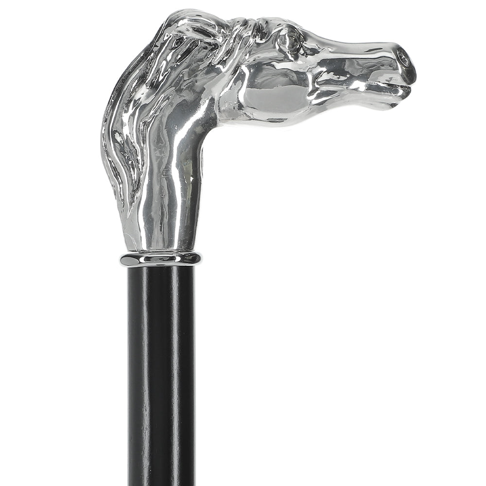 Silver 925r Horse Walking Cane with Black Beechwood Shaft and Collar Perfect Sale Online