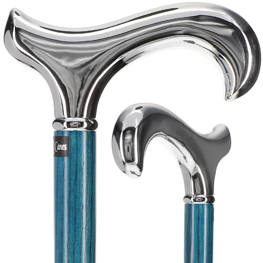 Scratch and Dent Blue Chrome Plated Derby Walking Cane With Blue Ash Wood Shaft and Silver Collar V2278 Clearance Buy