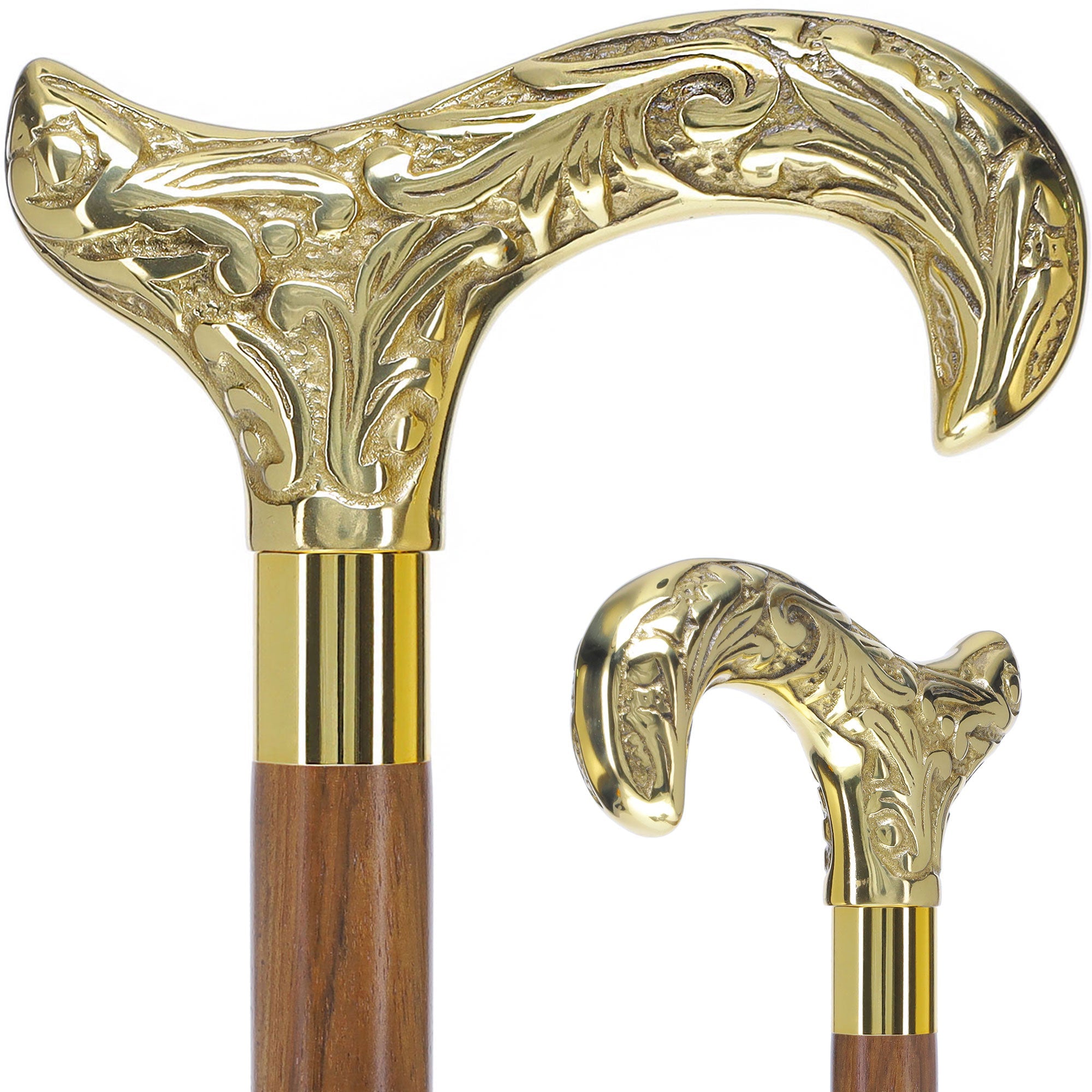 Scratch and Dent Brass Derby Handle Walking Cane w/ Brown Beechwood Shaft and Aluminum Gold Collar V2112 Outlet Countdown Package