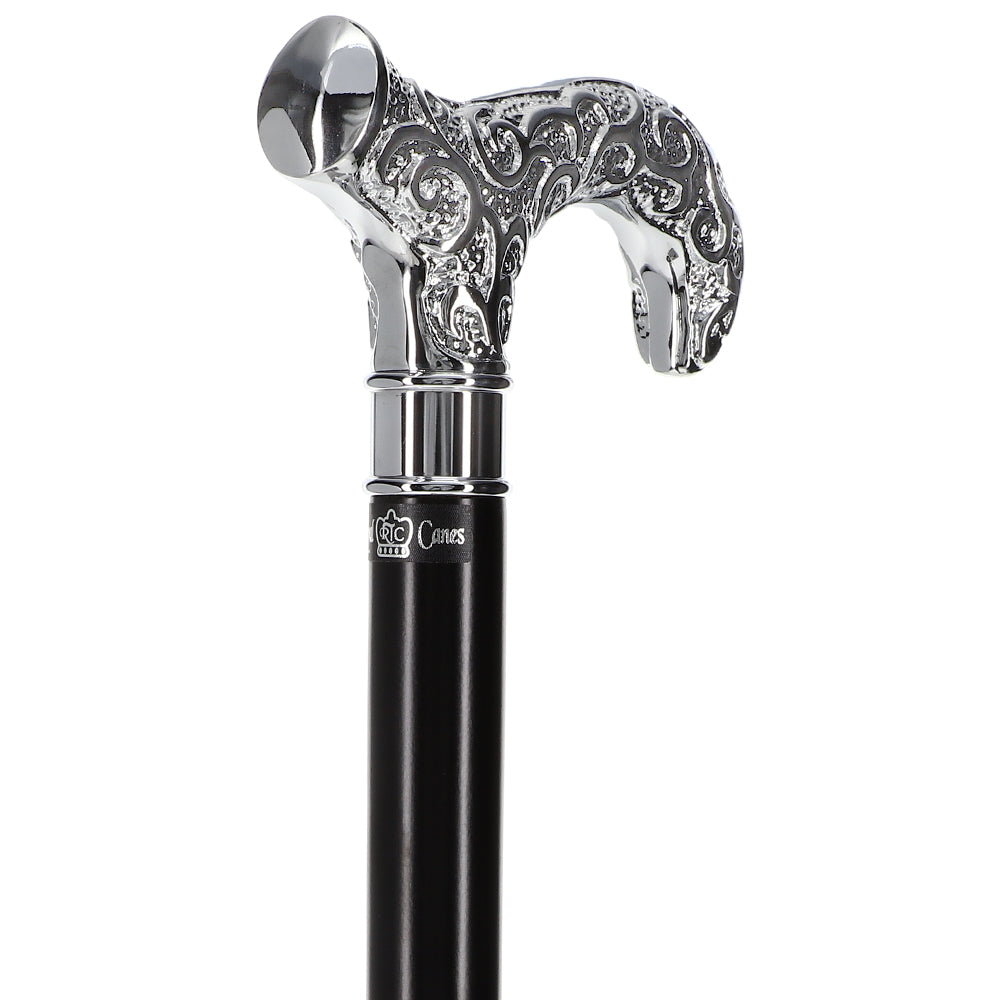 Scratch and Dent Extra Long Super Strong Silver Plated Scroll Derby Walking Cane - Black Beechwood - Silver Collar V2028 Sale Browse