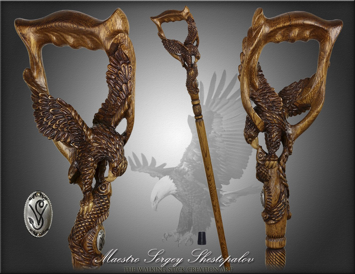 Hunting Eagle and Fish: Artisan Intricate Detail Handcarved Cane Cheap 100% Original