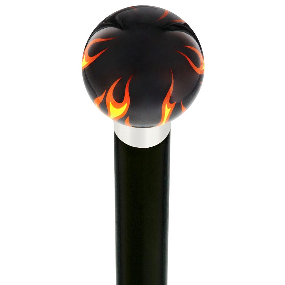 Burst of Flames Black Round Knob Cane w/ Custom Wood Shaft & Collar Footlocker Finishline Online