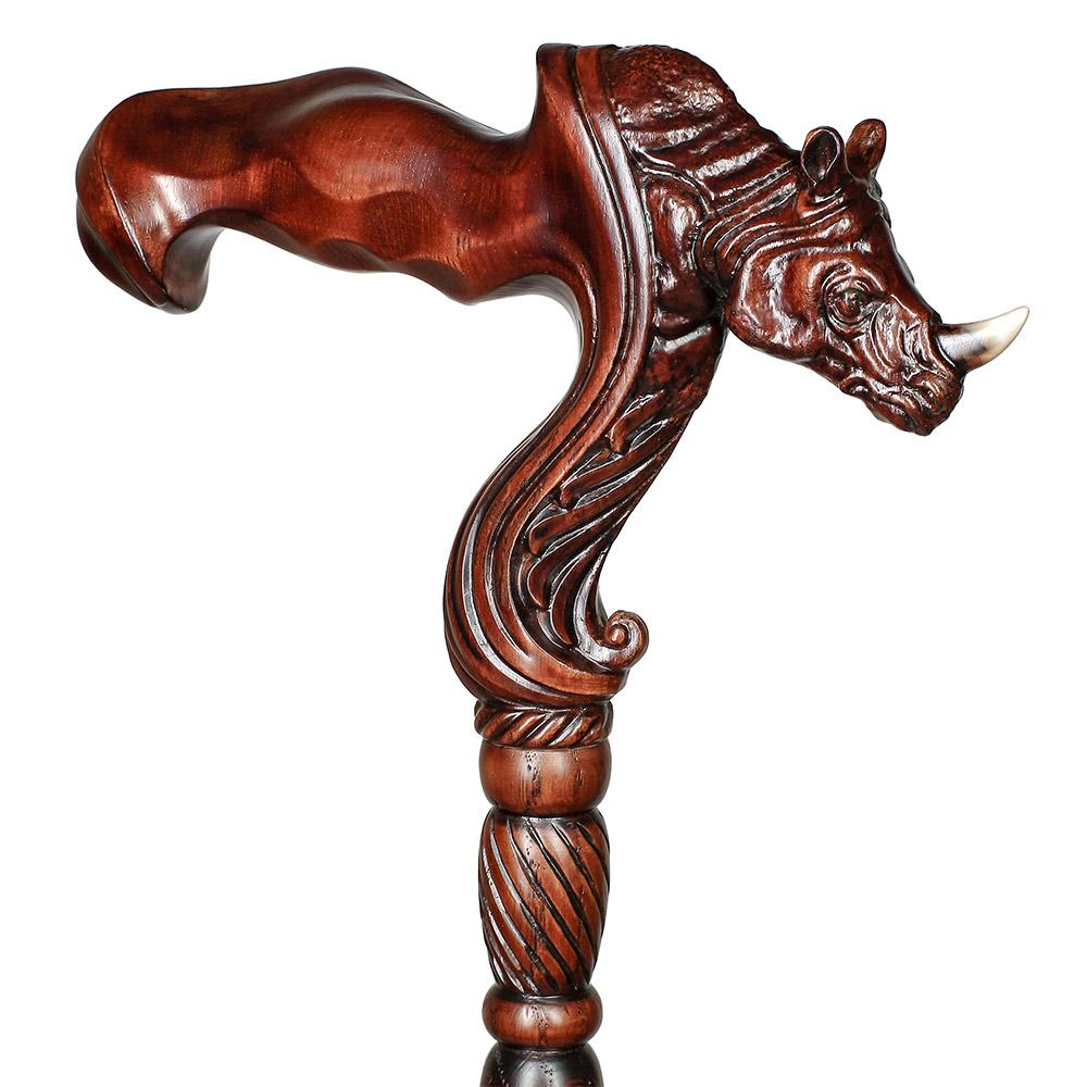 Rhino: Artisan Intricate Handcarved Wood Cane (Right Hand) Original Cheap Online