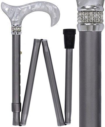 Rhinestone Designer Folding Cane: Platinum Pearlz White Swirl 2025 New Sale Online