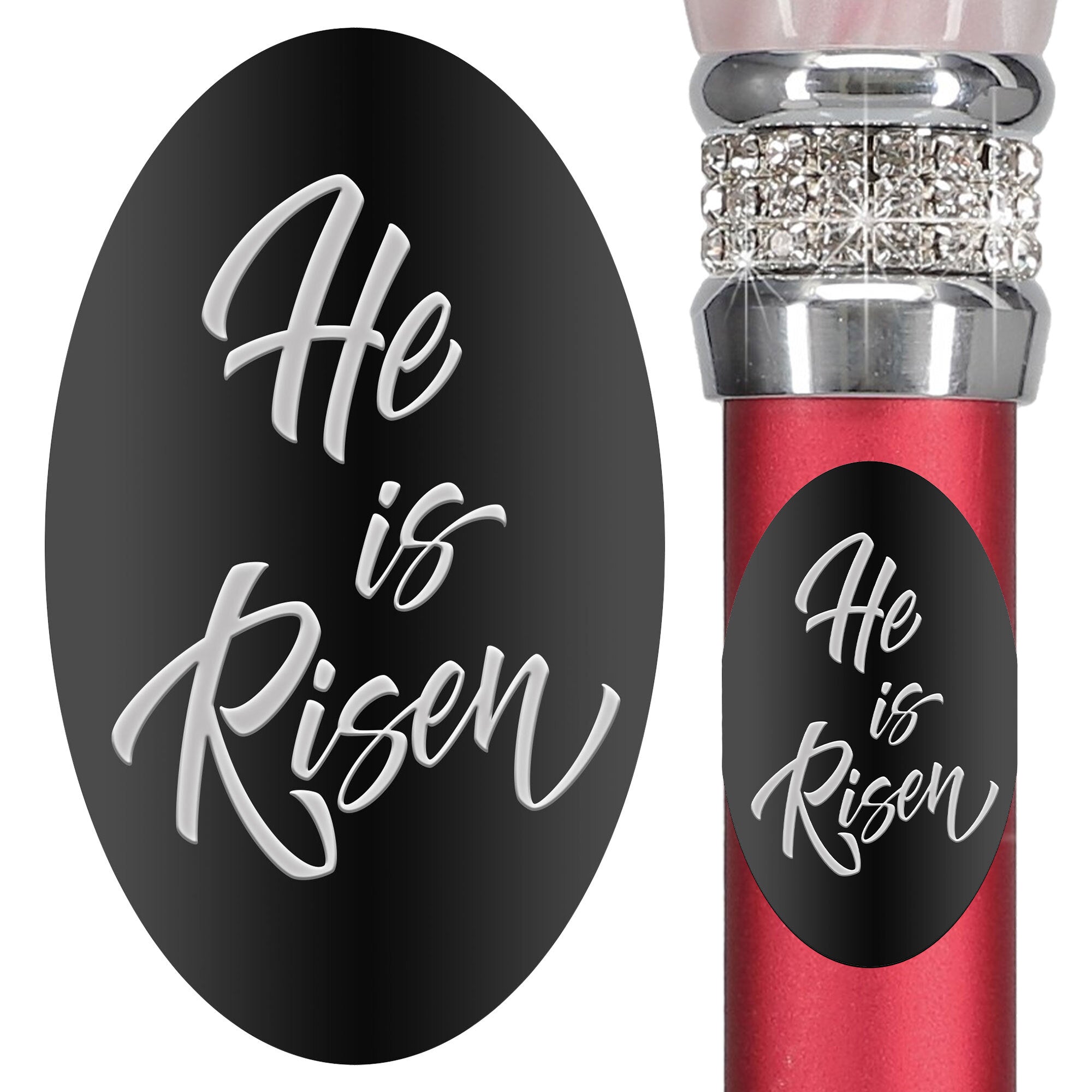 Custom Cane Engraving - Oval Black Anodized Aluminum - He is Risen Visit New Online