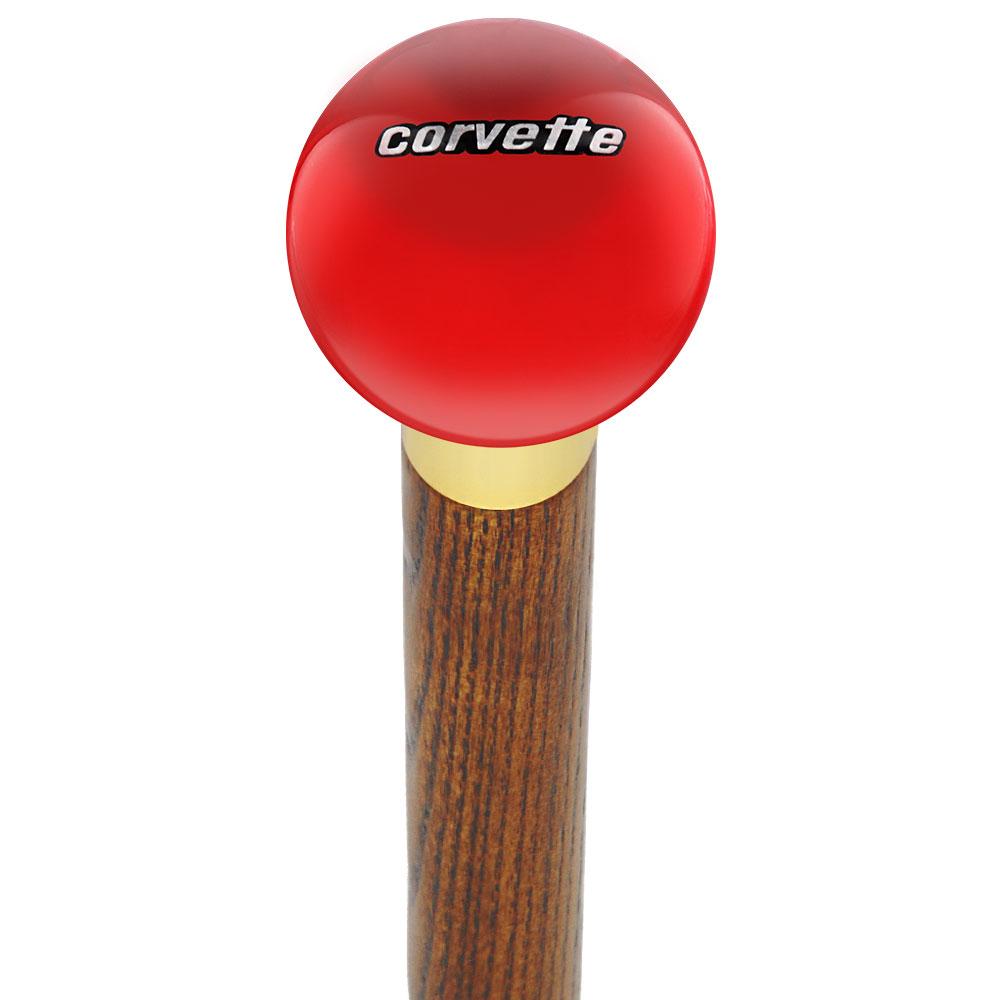 Licensed Corvette Emblem Red Round Knob Cane w/ Custom Wood Shaft & Collar Quality Original