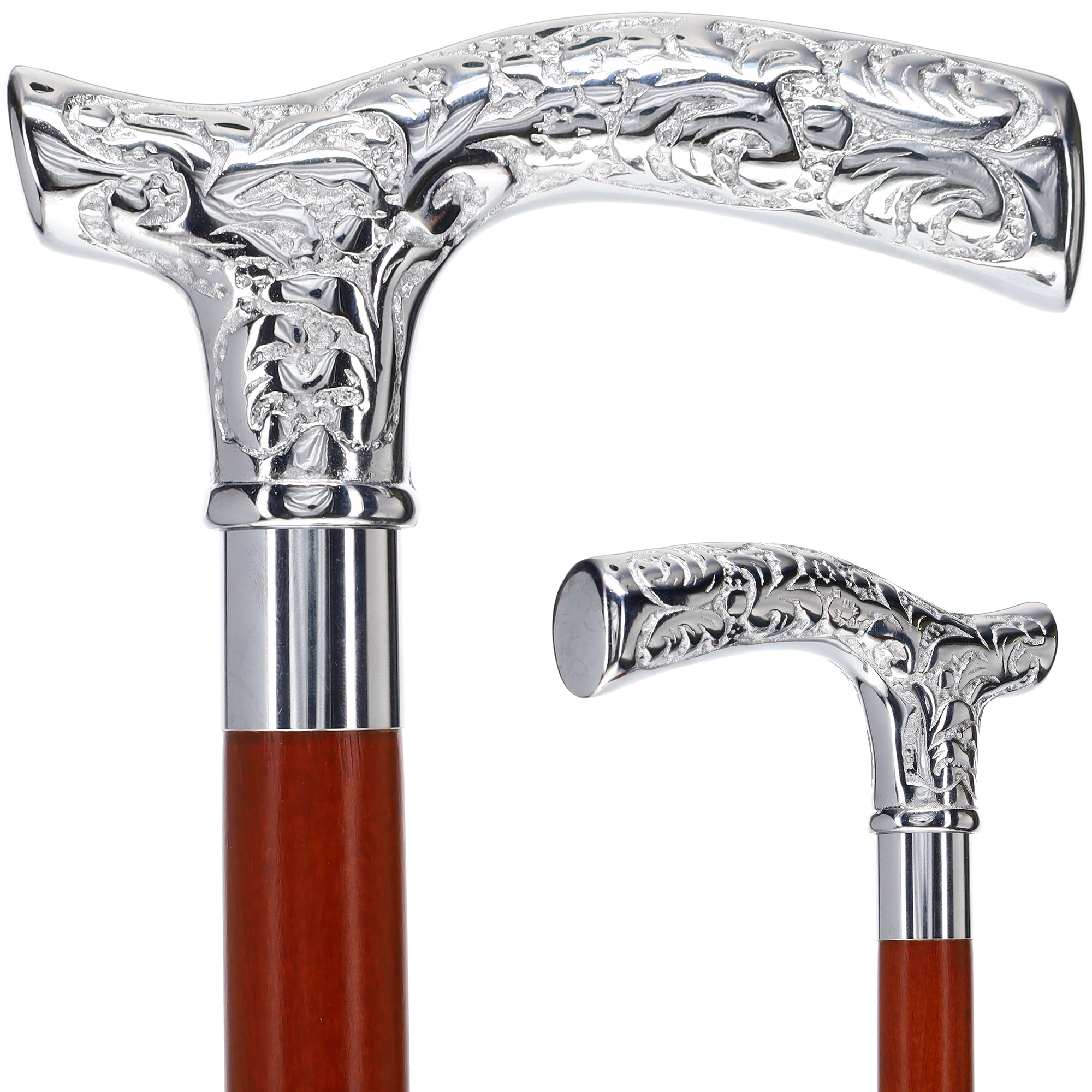 Scratch and Dent Chrome Plated Fritz Handle Walking Cane w/ Black Beechwood Shaft and Aluminum Silver Collar V2221 Top Quality For Sale