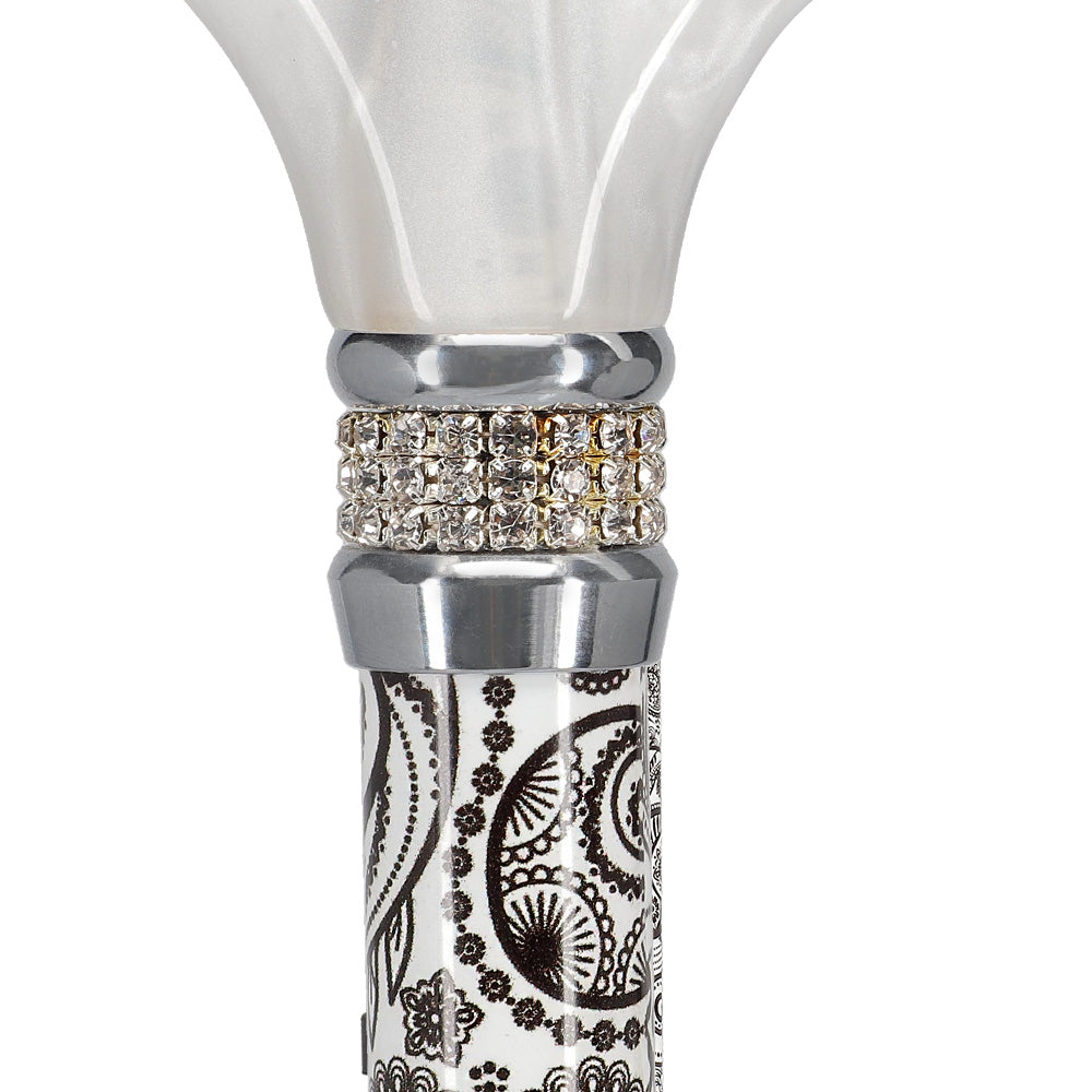 Scratch and Dent White Pearlz w/ Rhinestone Collar and Black Swirl Designer Adjustable Cane V1694 Cheap Sale Looking For