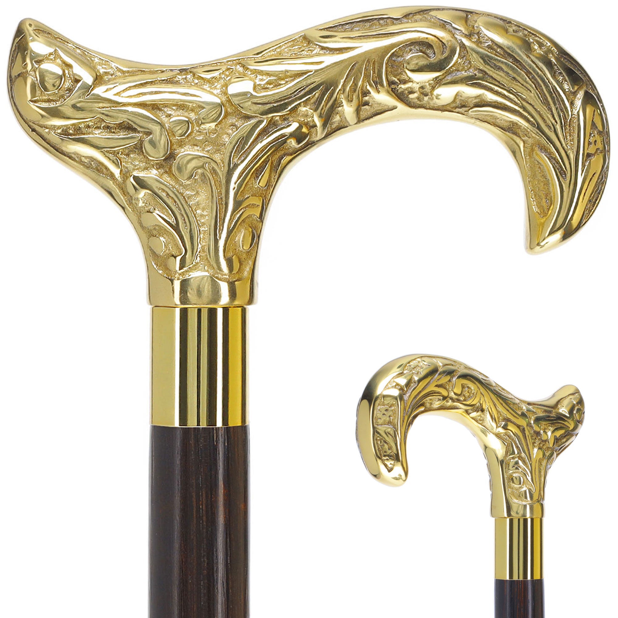 Scratch and Dent Brass Derby Handle Walking Cane w/ Brown Beechwood Shaft and Aluminum Gold Collar V2112 Outlet Countdown Package