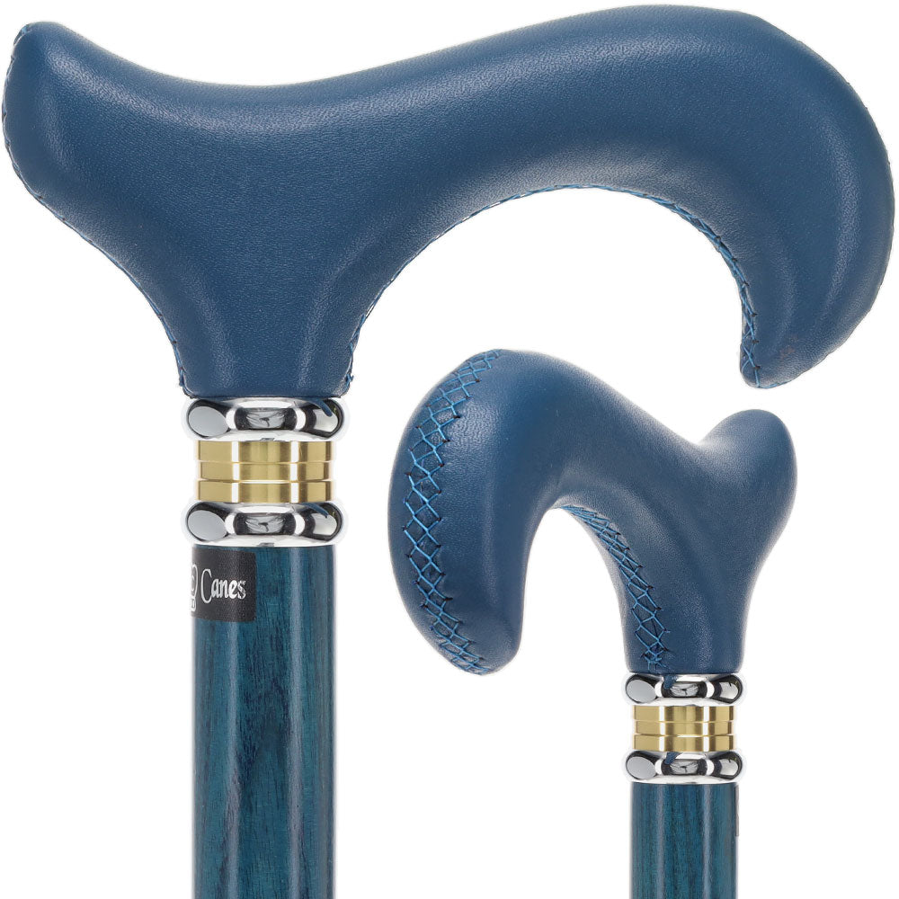 Blue Leather Derby Walking Cane With Blue Stained Ash Wood Shaft and Two-tone Collar Outlet Wiki