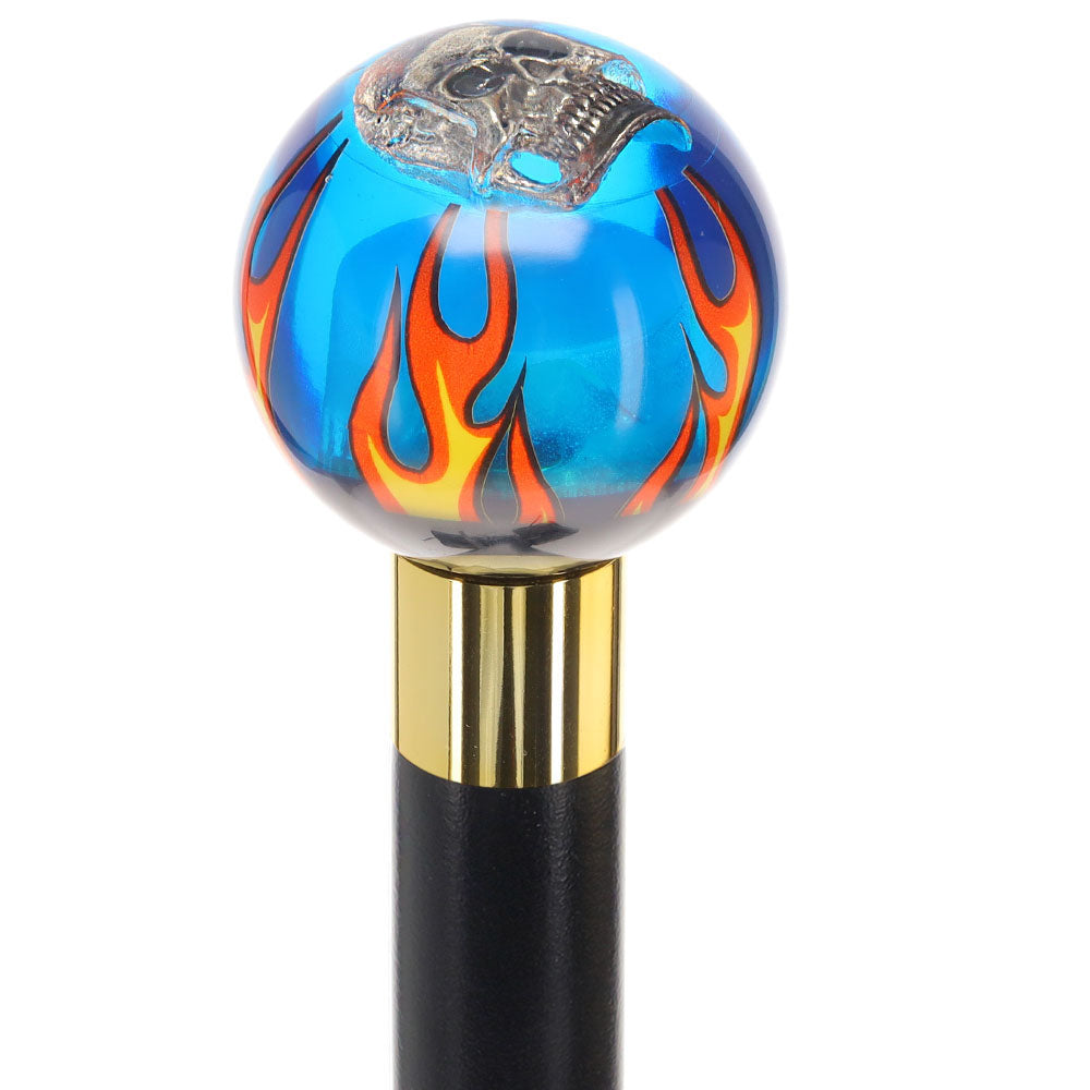 Blue Flame with Skull Round Knob Cane w/ Custom Wood Shaft & Collar Grey Outlet Store Online