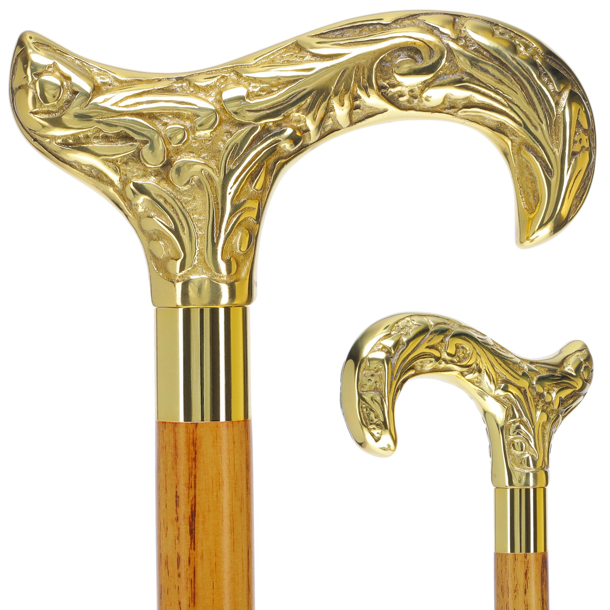 Scratch and Dent Brass Derby Handle Walking Cane w/ Brown Beechwood Shaft and Aluminum Gold Collar V3227 For Cheap