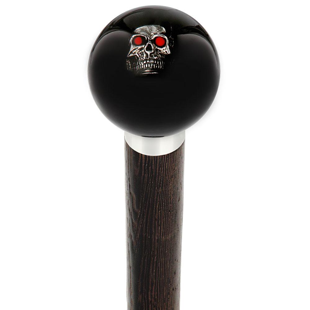 Dreary Red Eyed Skull Black Round Knob Cane w/ Custom Wood Shaft & Collar New Styles Cheap Pice