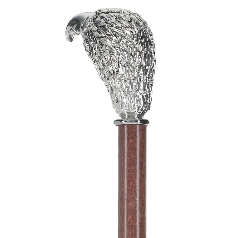 Silver 925r Hawk Head Walking Cane with Stained Beechwood Shaft and Collar Online Online Outlet Sale