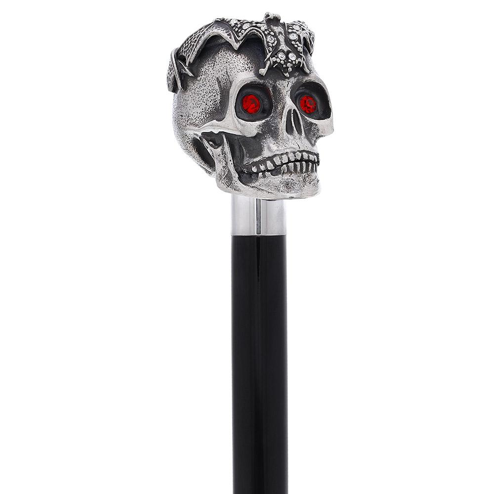 Silver 925r Ruby Red Skull and Bats Walking Cane w/ Black Beechwood Shaft Clearance With Mastercard