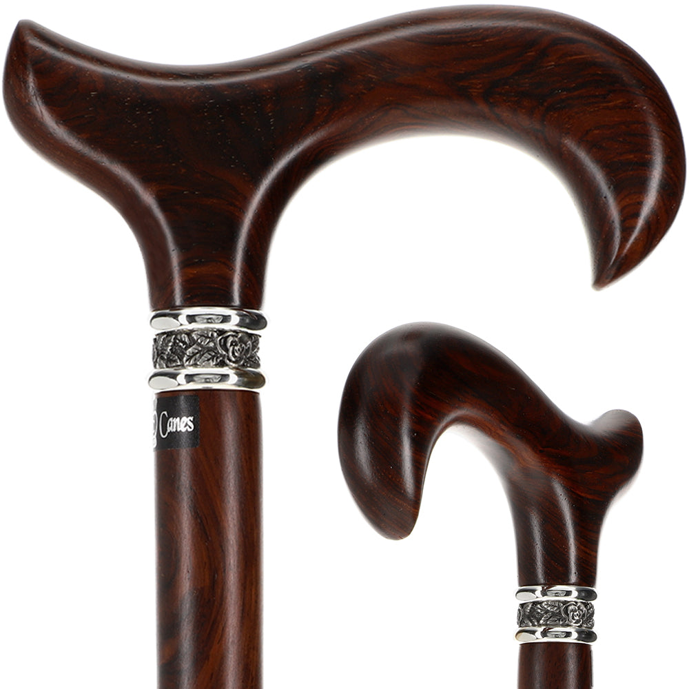 Scratch & Dent Derby Walking Cane With Exotic Cocobolo Wood Shaft and Pewter Rose Collar V1704 Outlet Online