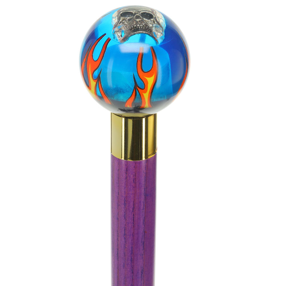 Blue Flame with Skull Round Knob Cane w/ Custom Color Ash Shaft & Collar Free Shipping Cost