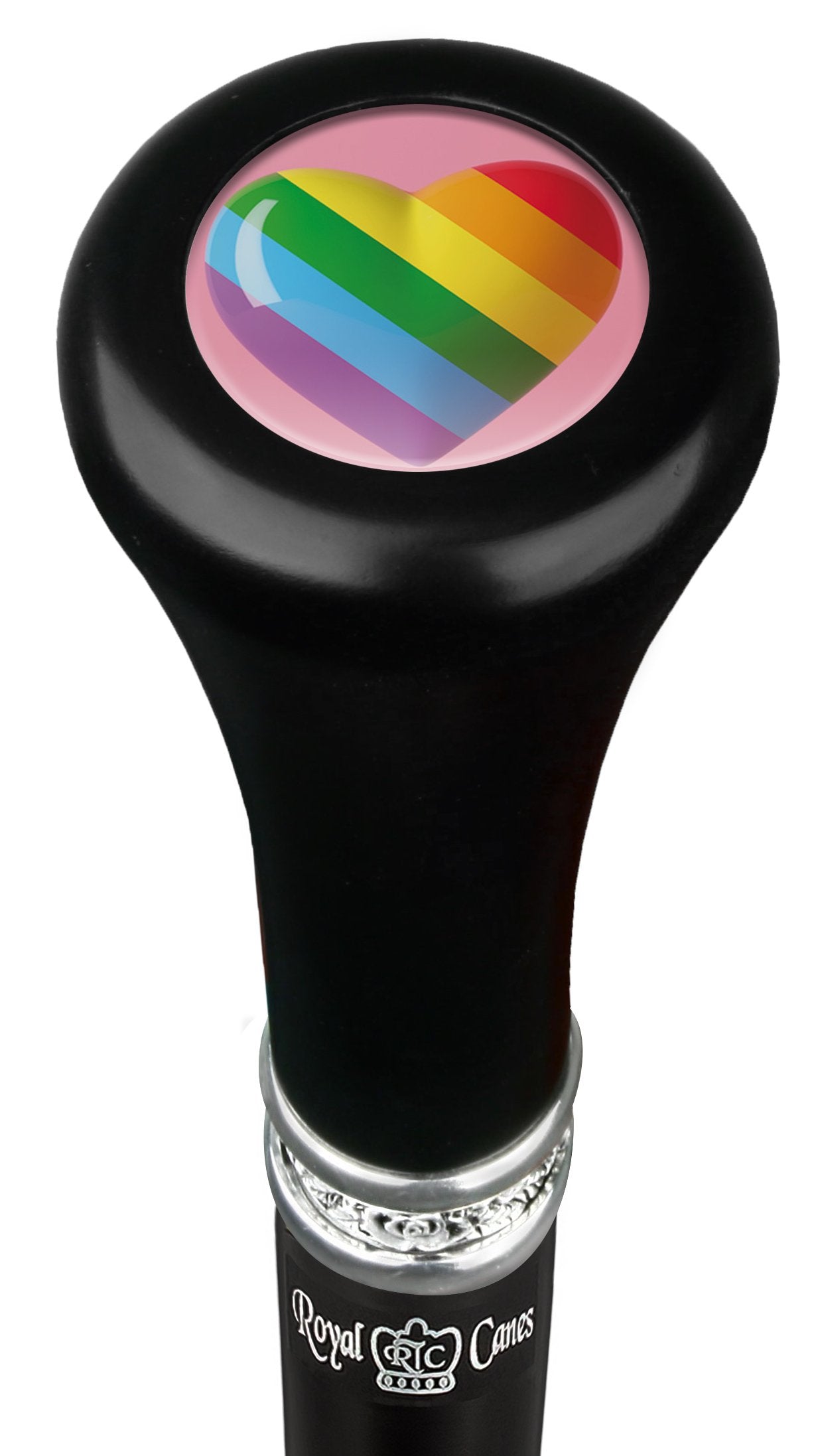 Rainbow Pride Heart Flat Top Walking Stick w/ Black Beechwood Shaft & Pewter Collar Footlocker Pictures