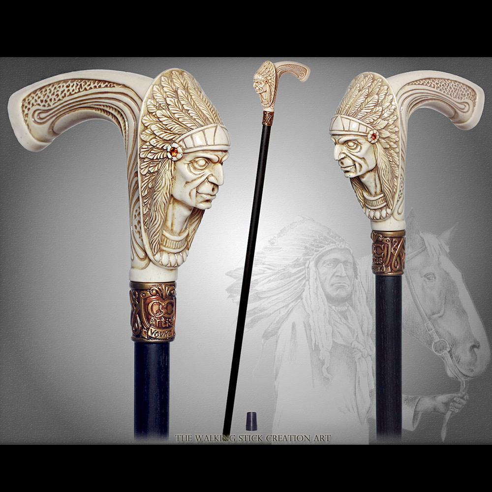 Scratch and Dent American Indian Chief Ivory Color Handle Cane w/ Wood Shaft & Bronze Collar V2348 Pay With Visa Sale Online