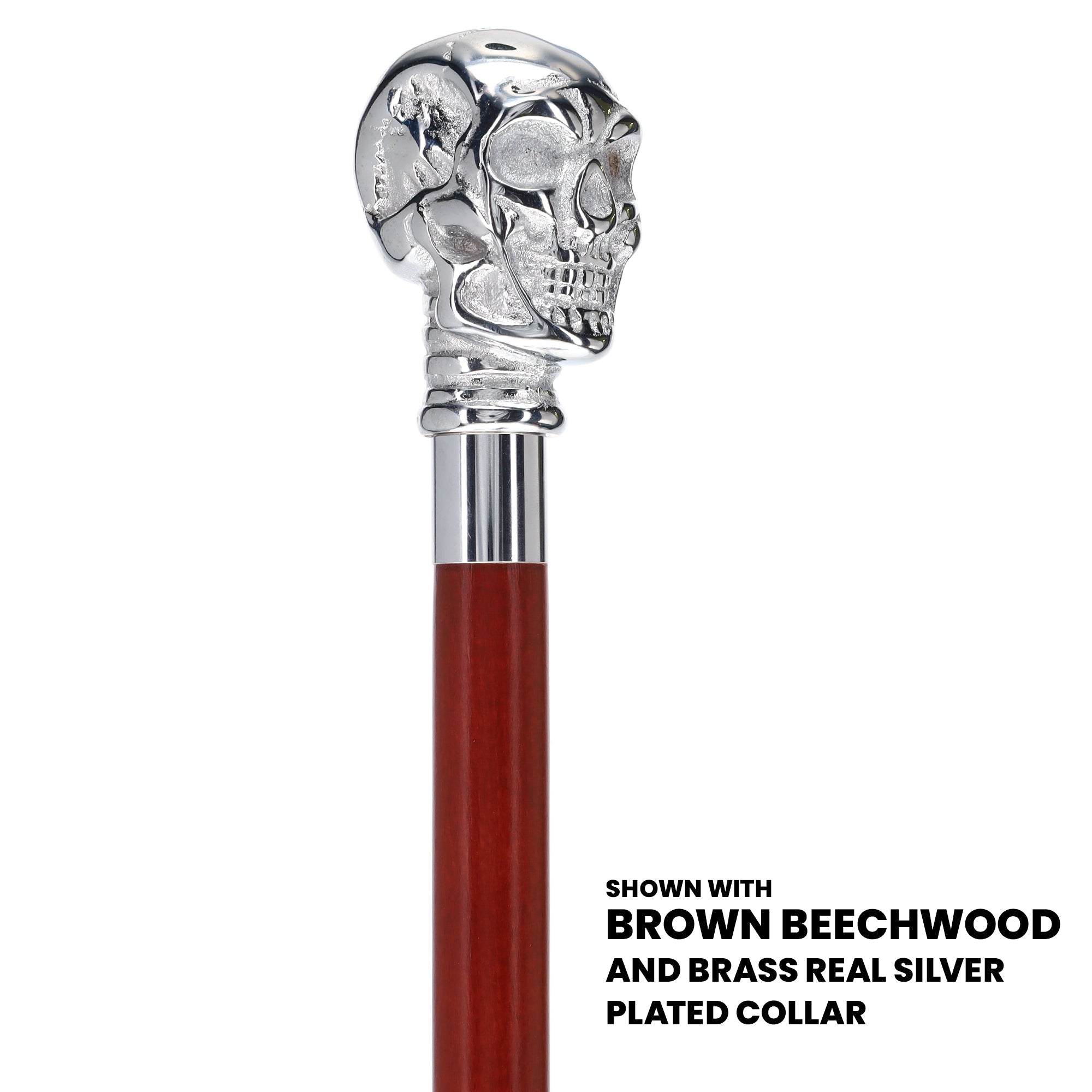 Scratch And Dent Chrome Plated Skull Handle Walking Cane w/ Black Beechwood Shaft and Brass Silver Collar V3159 Buy Cheap Classic