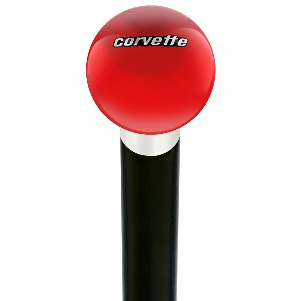 Licensed Corvette Emblem Red Round Knob Cane w/ Custom Wood Shaft & Collar Quality Original