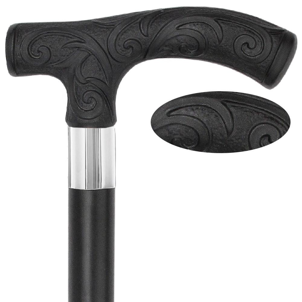 Scratch and Dent Carved Black Scroll Fritz Handled Cane - Italian Handle w/Custom Shaft and Collar V2049 Countdown Package