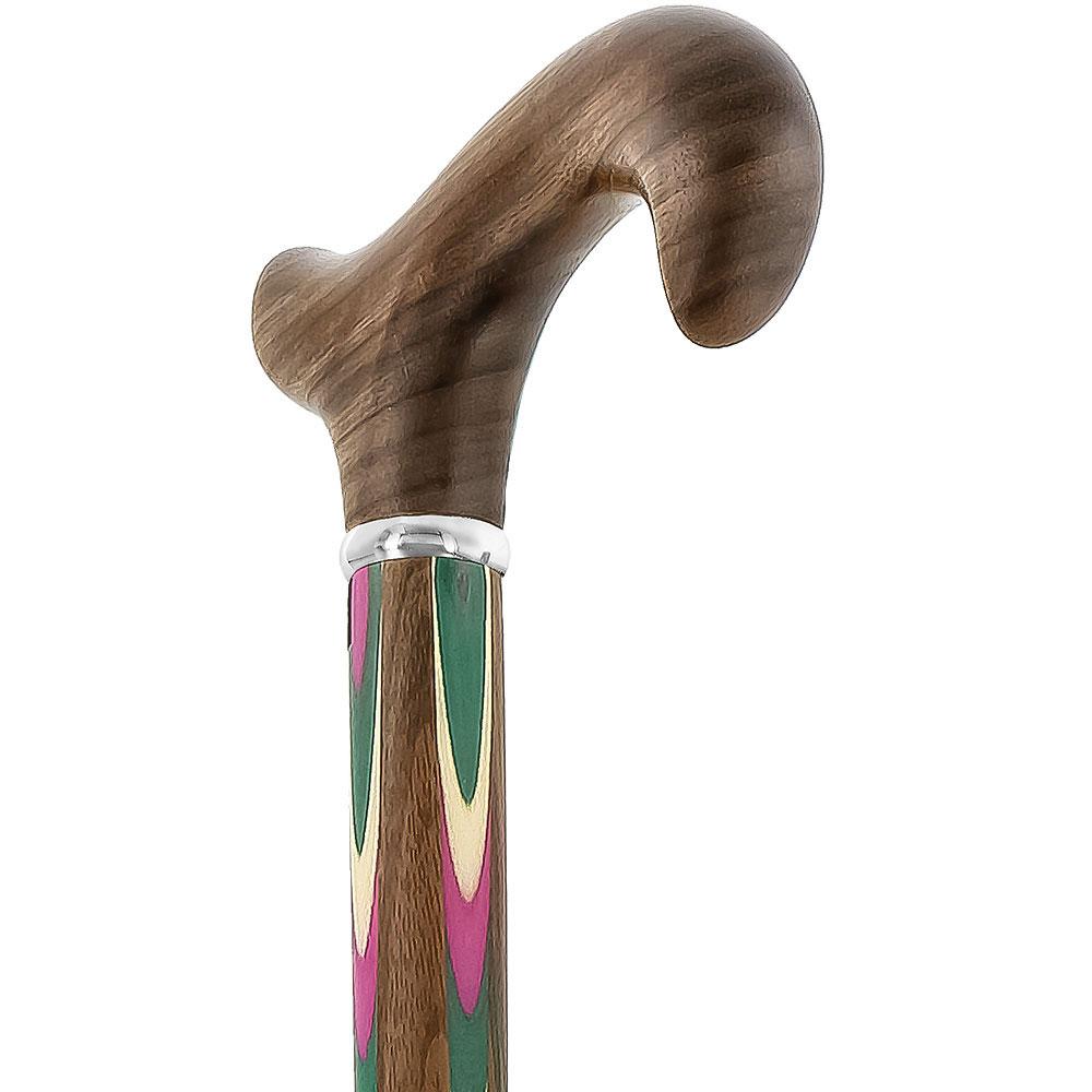 Scratch and Dent Pink & Green Inlaid Derby Walking Cane With Inlaid Ovangkol Shaft and Silver Collar V1263 Shipping Discount Sale