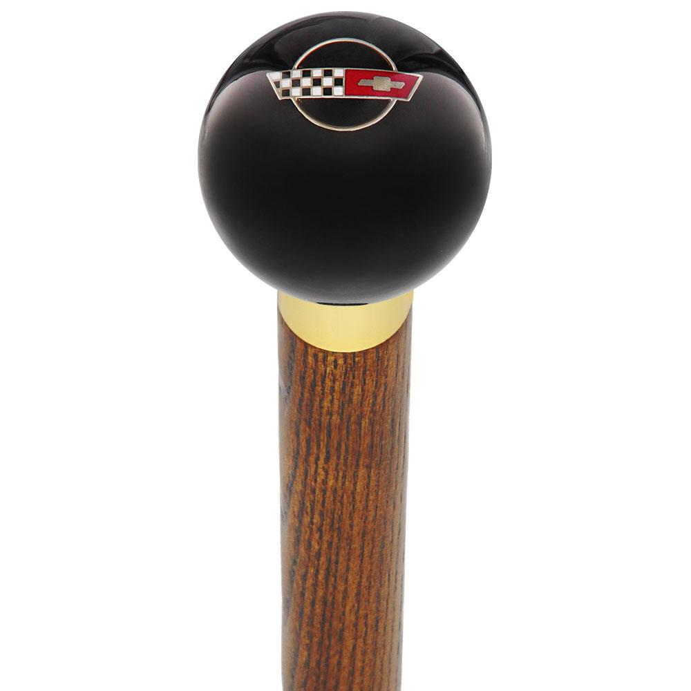 Licensed Corvette Side by Side Flags Emblem Black Round Knob Cane w/ Custom Wood Shaft & Collar Comfortable Cheap Pice