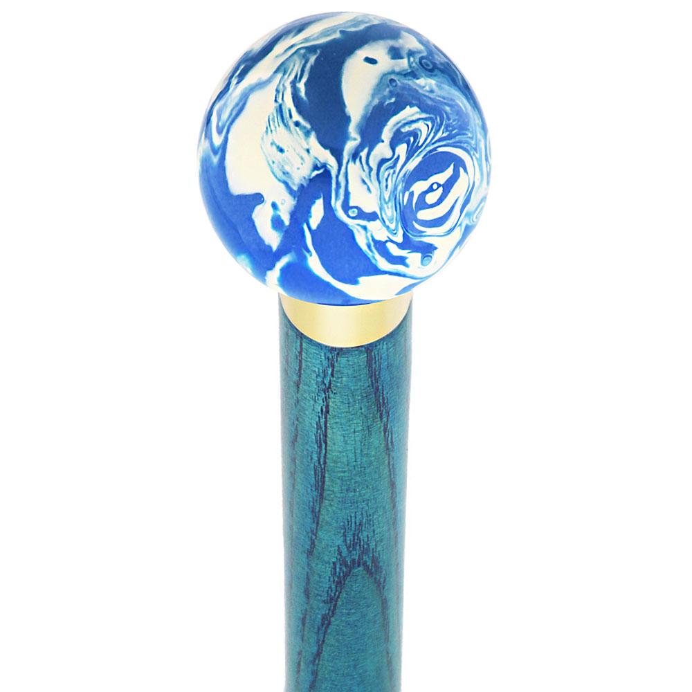 Blue & White Cream Swirl Round Knob Cane w/ Custom Color Ash Shaft & Collar Buy Cheap Very Cheap