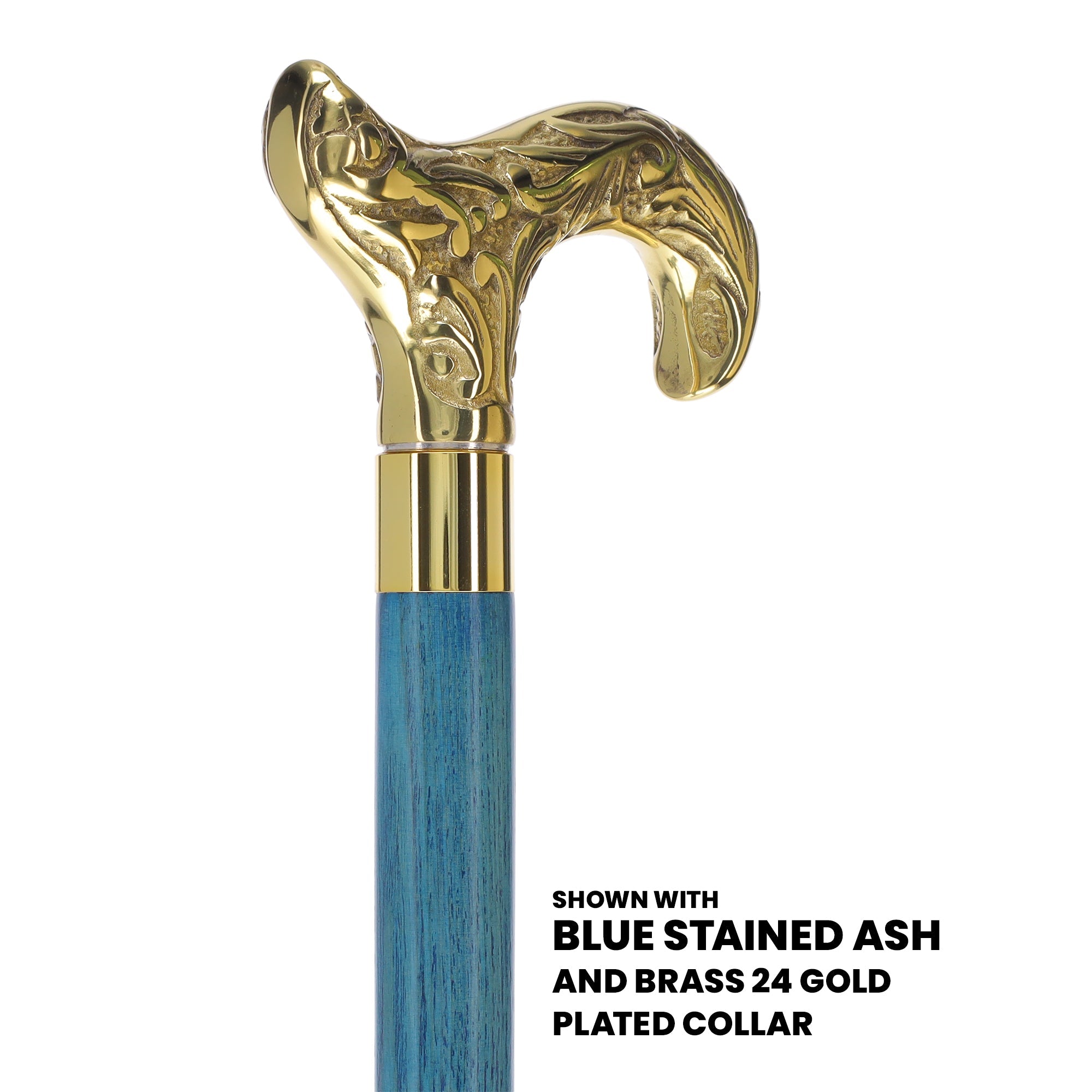 Scratch and Dent Brass Derby Handle Walking Cane w/ Blue Stained Ash Shaft & Aluminum Gold Collar V3169 Clearance Fast Delivery