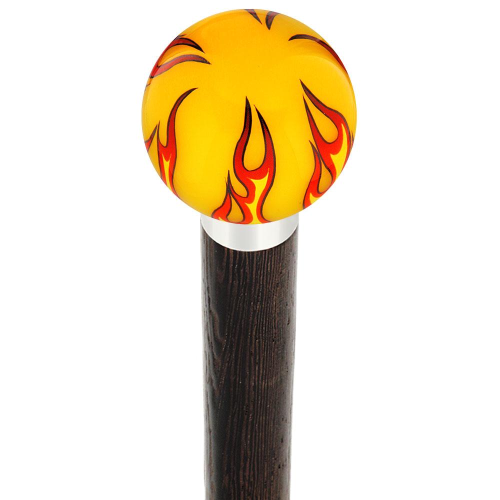 Burst of Flames Yellow Round Knob Cane w/ Custom Wood Shaft & Collar Cheap Explore