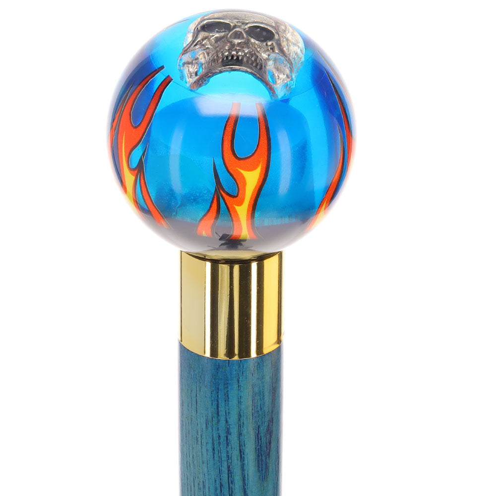 Blue Flame with Skull Round Knob Cane w/ Custom Color Ash Shaft & Collar Free Shipping Cost