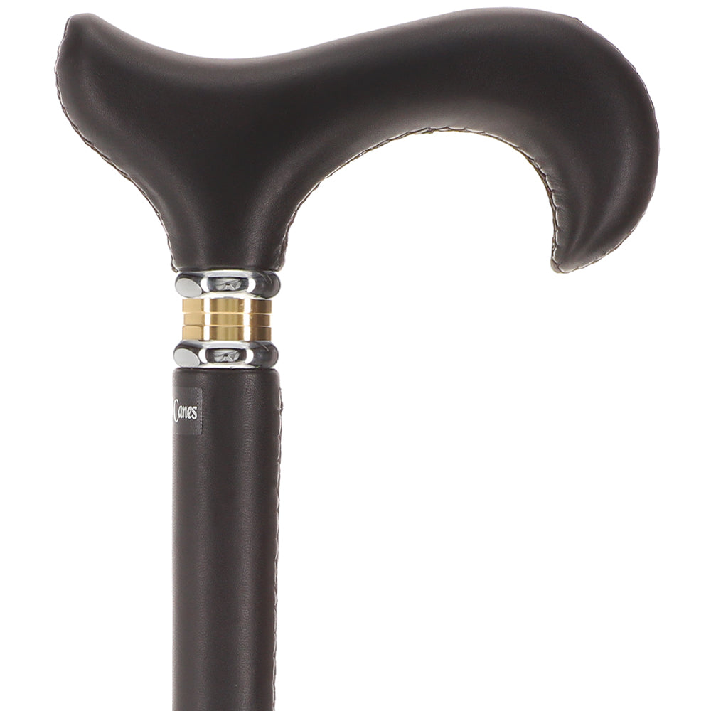 Scratch and Dent Black Leather Wrapped Derby Walking Cane With Leather Shaft and Two Tone Collar V1232 Online Online Cheap Pice