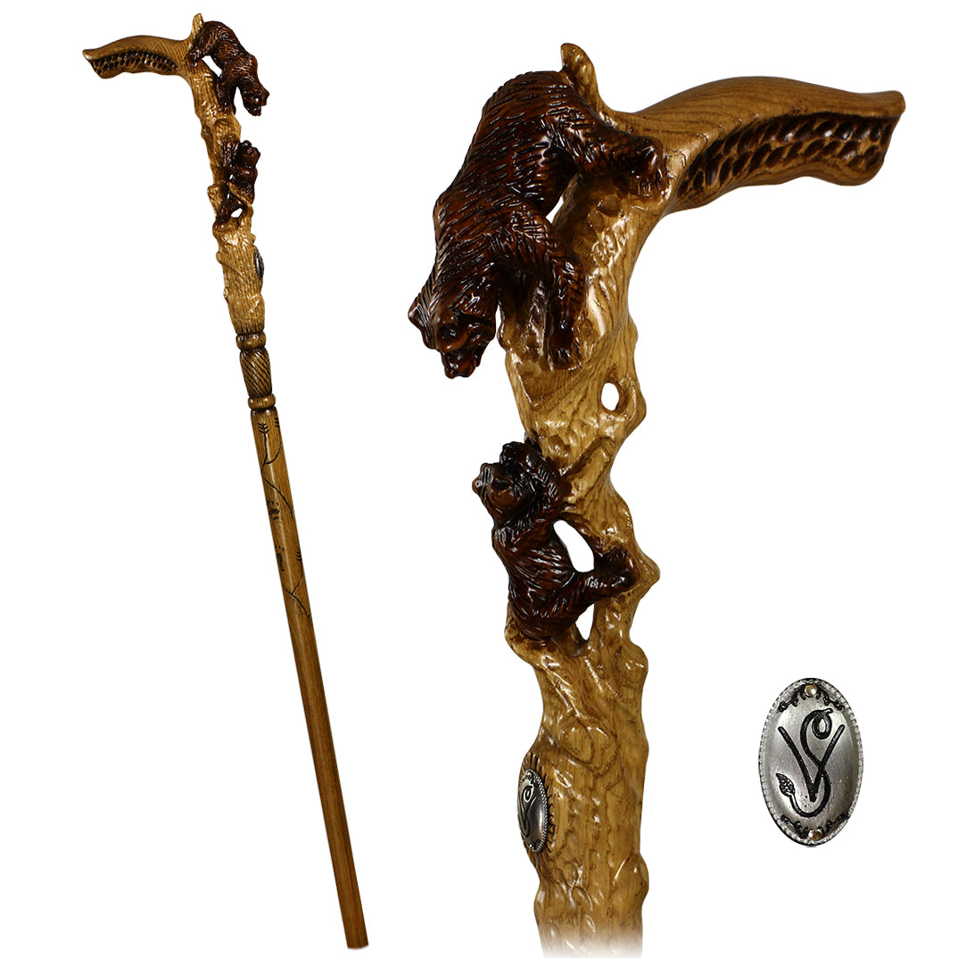 Mama Bear with Baby Bear: Artisan Intricate Hand-Carved Cane New Online