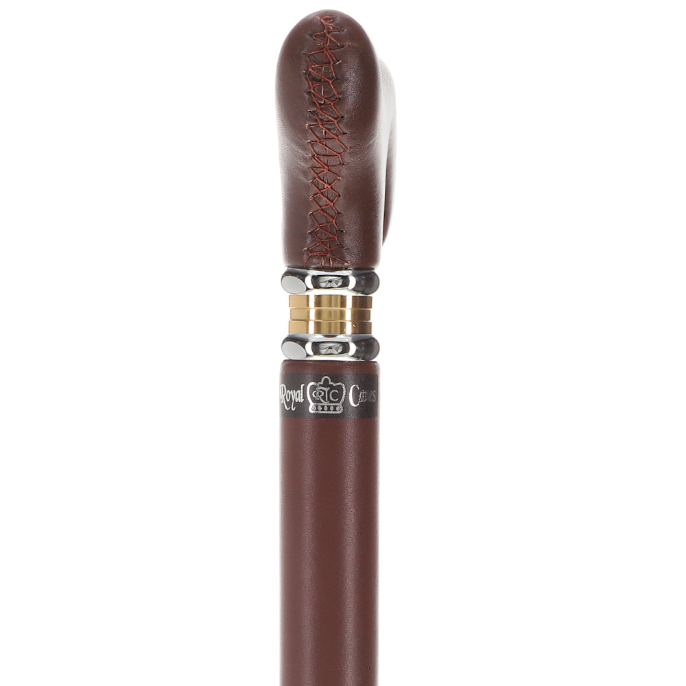Scratch and Dent Brown Leather Wrapped Derby Walking Cane With Leather Shaft and Two Tone Collar V1266 Cheap Sale Manchester