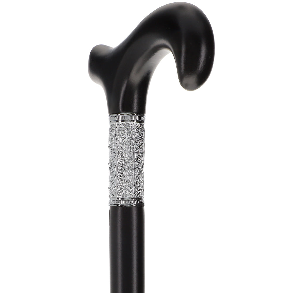 Scratch and Dent Hand-Made Black Beechwood Derby Walking Cane w/ Pewter Leaf Silver Collar V2308 Outlet Fashion Style