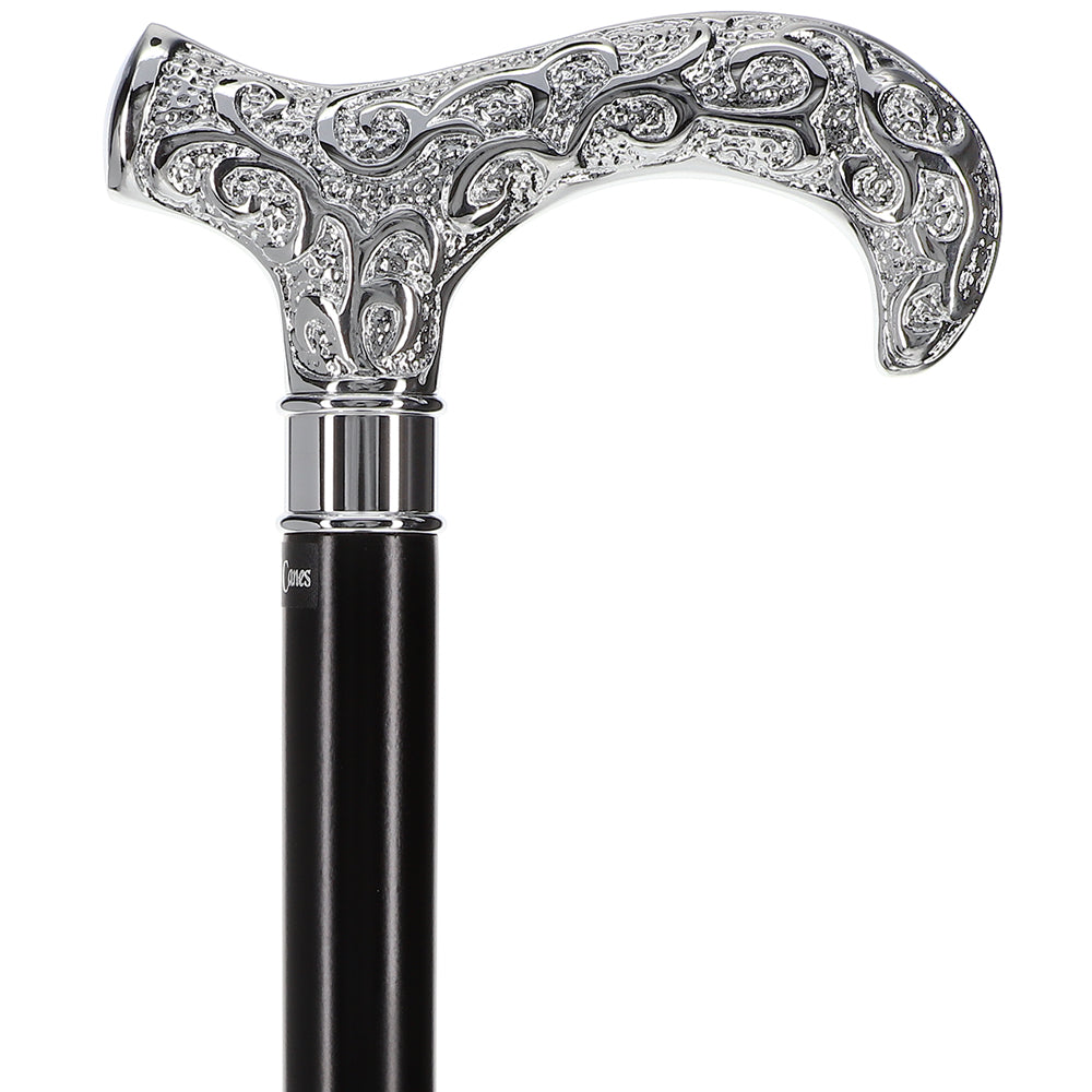 Scratch and Dent Extra Long Super Strong Silver Plated Scroll Derby Walking Cane - Black Beechwood - Silver Collar V2028 Sale Browse