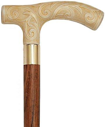 Scratch and Dent Carved Faux Ivory Scroll Fritz Handled Cane - Italian Handle w/ White Beechwood Shaft and Brass Silver Collar V3232 Cheap Sale Footaction