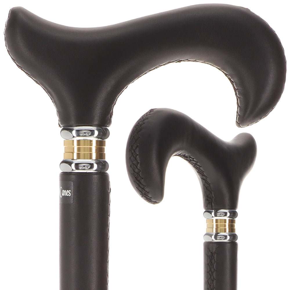 Scratch and Dent Black Leather Wrapped Derby Walking Cane With Leather Shaft and Two Tone Collar V1232 Online Online Cheap Pice