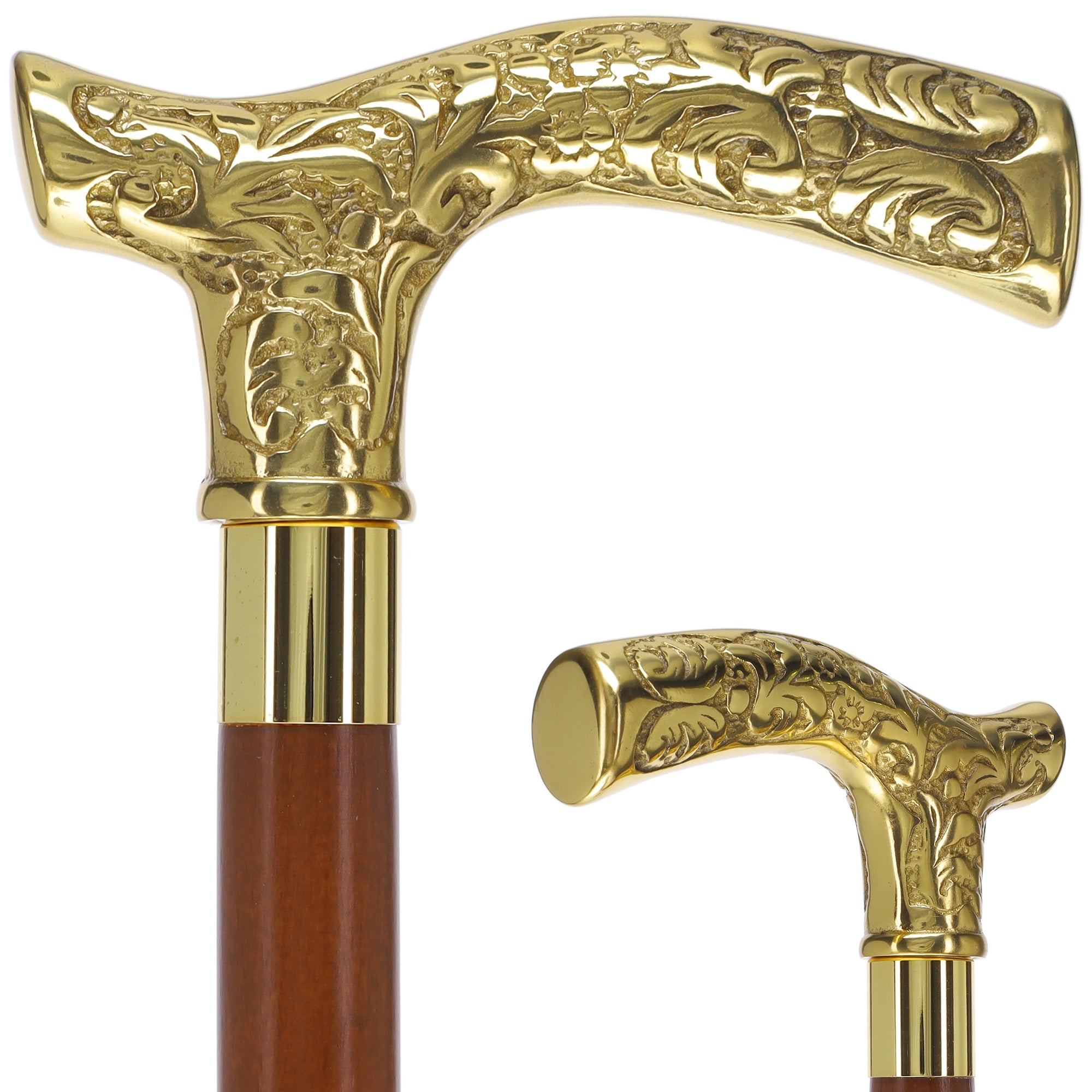 Scratch and Dent Brass Fritz Handle Walking Cane w/ Ash Shaft and Aluminum Gold Collar V2256 Cheap Sale Best Wholesale