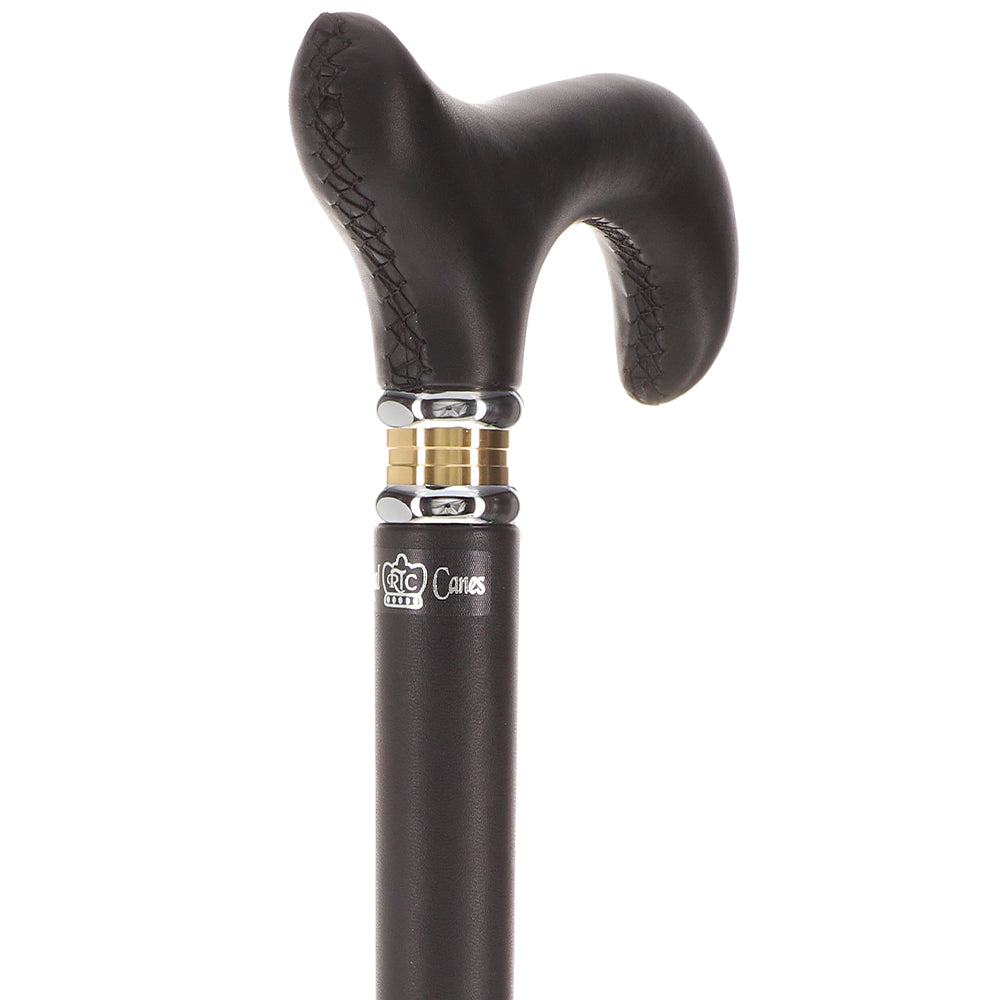 Scratch and Dent Black Leather Wrapped Derby Walking Cane With Leather Shaft and Two Tone Collar V1232 Online Online Cheap Pice