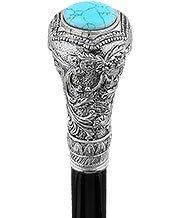 Scratch and Dent Silver 925r Knob Handle Walking Cane w/ Black Beechwood Shaft and Blue Stone Pillbox V2104 Cheap Sale How Much