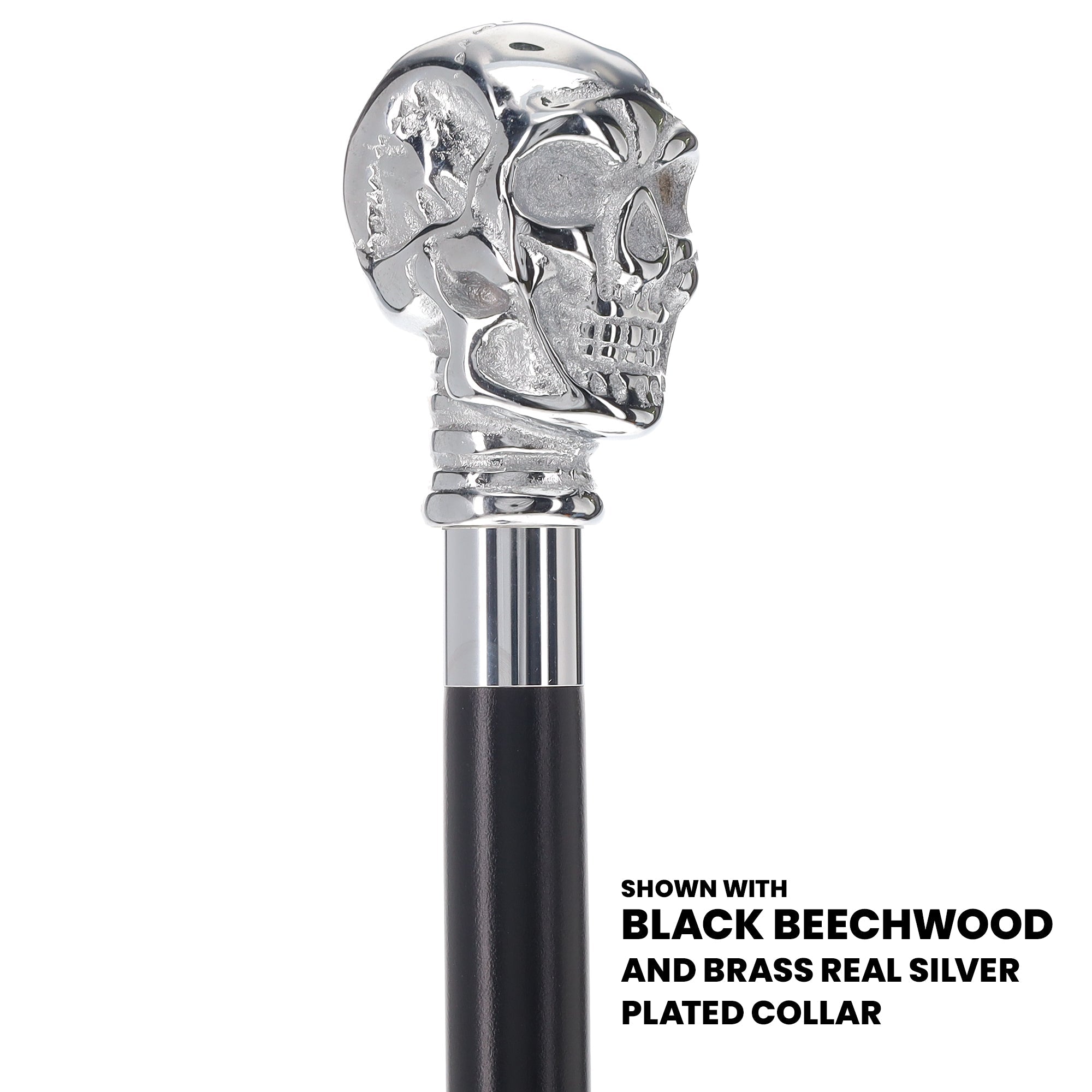 Scratch and Dent Chrome Plated Skull Handle Walking Cane w/ Black Beechwood Shaft and Brass Silver Collar V2035 Reliable For Sale