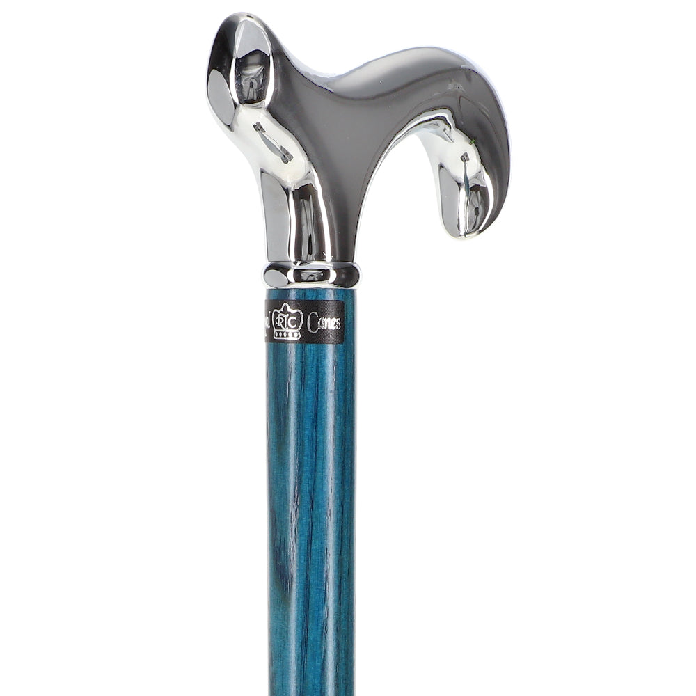 Scratch and Dent Blue Chrome Plated Derby Walking Cane With Blue Ash Wood Shaft and Silver Collar V2278 Clearance Buy