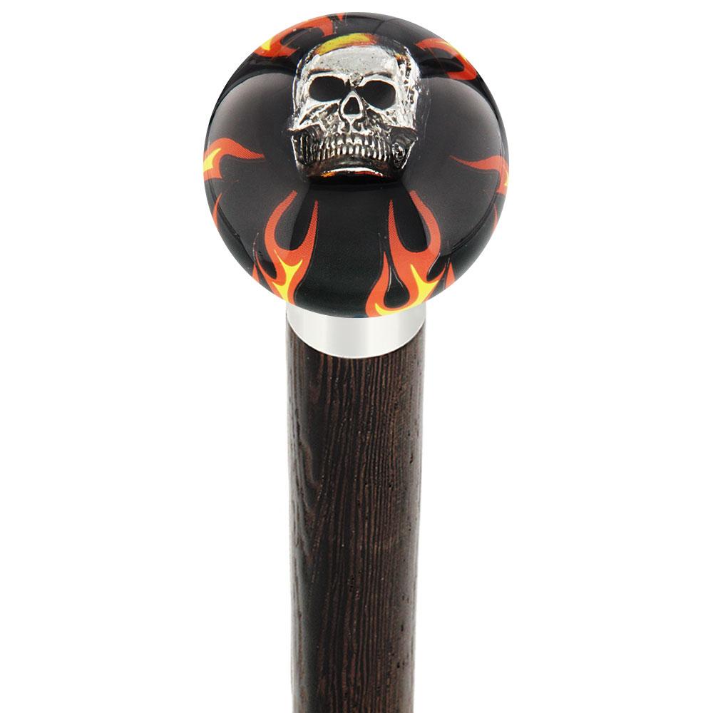 Fire & Brimstone Skull Black Round Knob Cane w/ Custom Wood Shaft & Collar New Styles For Sale