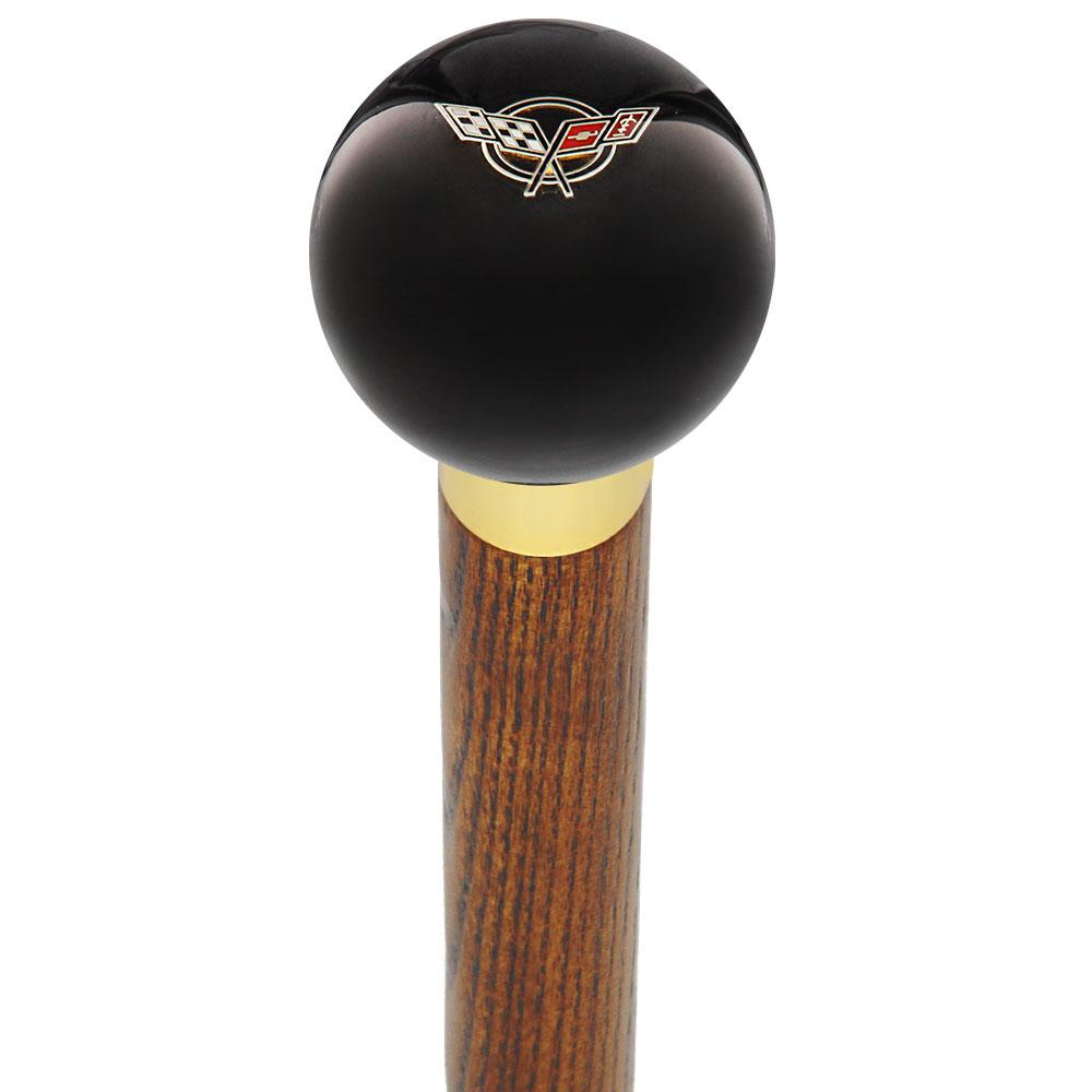 Licensed Corvette Angled Flags Emblem Black Round Knob Cane w/ Custom Wood Shaft & Collar Fashionable For Sale