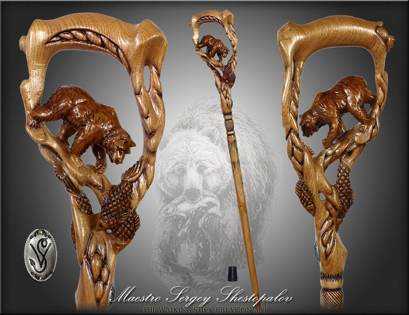 Artisan Grizzly & Salmon Hand-Carved Cane - Intricate Buy Cheap Shop