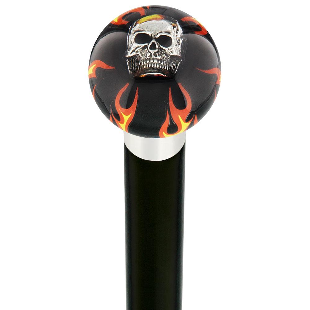 Fire & Brimstone Skull Black Round Knob Cane w/ Custom Wood Shaft & Collar New Styles For Sale